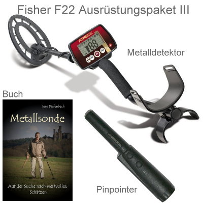 Metalldetektor Premium Ausrüstungspaket Fisher F22 mit Quest Xpointer Pinpointer